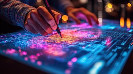 Naklejka premium Close-up of multiple hands working with digital tablets and pens over an interactive table displaying blueprints