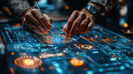 Close-up of multiple hands working with digital tablets and pens over an interactive table displaying blueprints