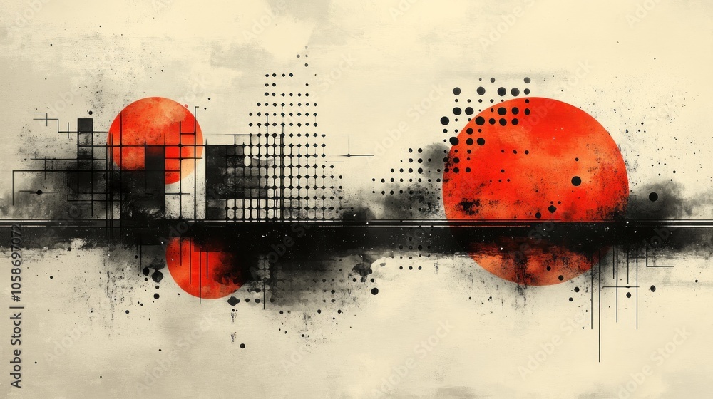 Poster abstract art with two red circles and geometric patterns