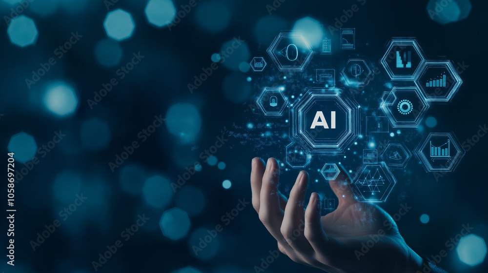 Poster photo of a hand holding an ai icon with the text ai floating above it, surrounded by digital symbols