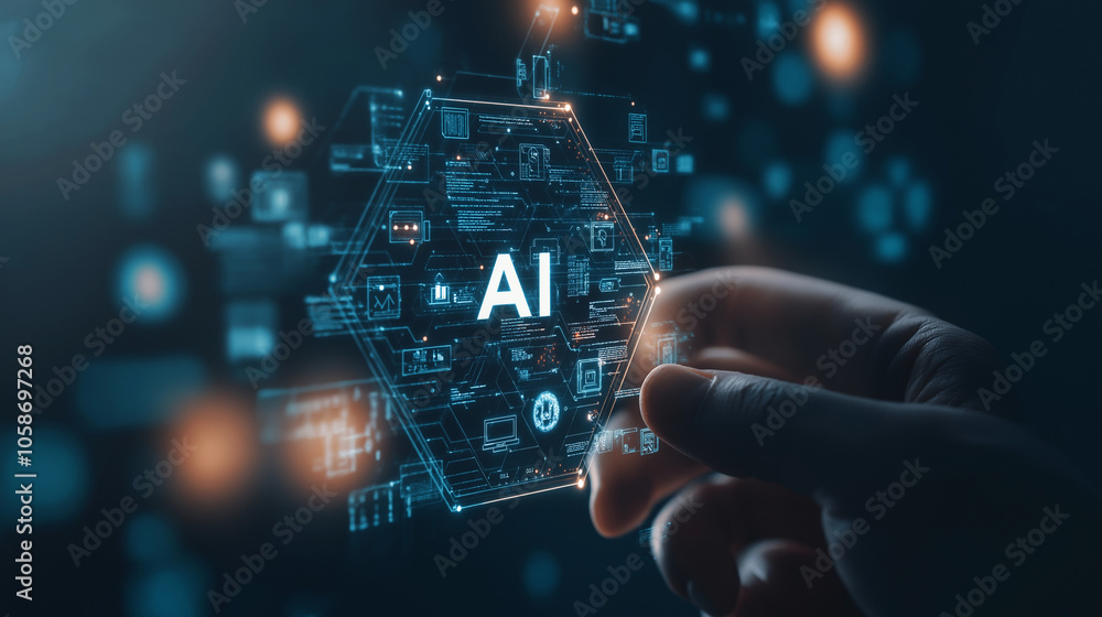 Poster photo of a hand holding an ai icon with the text ai floating above it, surrounded by digital symbols