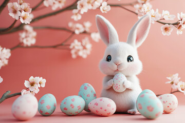 A white bunny with pink flowers and blue eggs