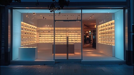 Bright opticians storefront, obscure glass windows. outside.