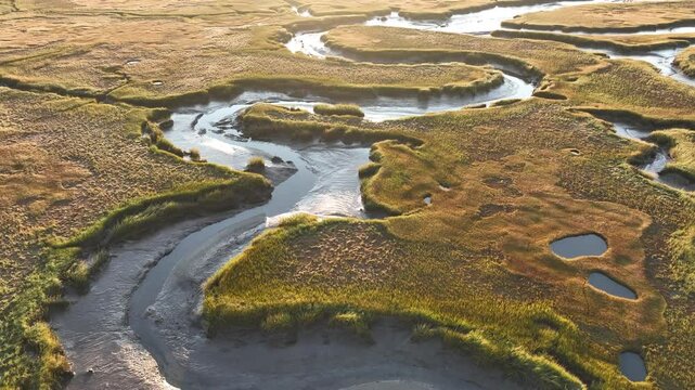 Drone view of Salt Marsh at sunrise Cape Cod, Barnstable, Massachusetts