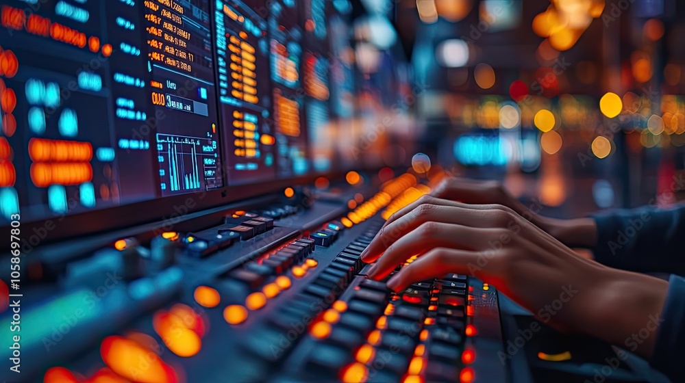 Poster close-up shot of hands typing on keyboard in control room, with blurred background showing daton mon