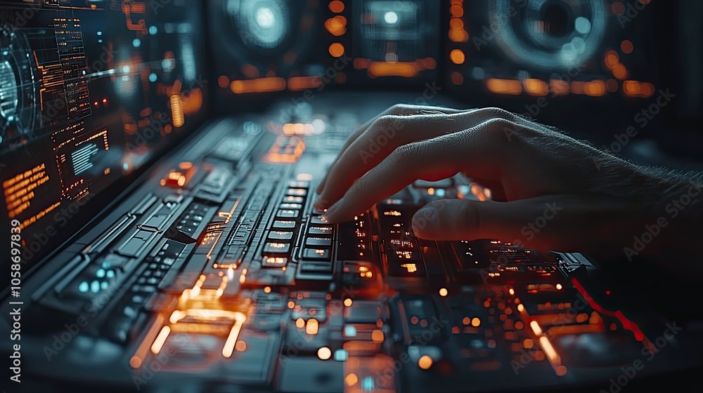 Poster close-up shot of hands typing on keyboard in control room, with dim lighting and datdisplayed on scr