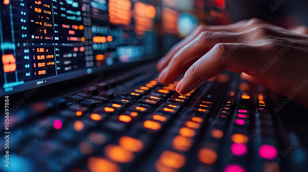 Poster close-up shot of hands typing on keyboard in control room, with dim lighting and datdisplayed on scr