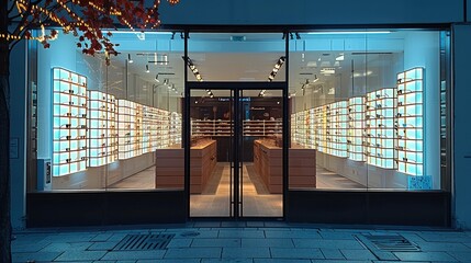 Bright opticians storefront, obscure glass windows. outside.