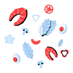 Assorted Fresh Ingredients With Seafood And Vegetables In Flat Vector Illustration Symbolizing Culinary Ingredients And Healthy Cooking, Isolated On White Background.