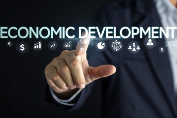 Businessman interacting with economic development graphics.