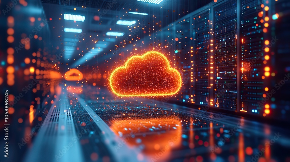Poster cloud computing is depicted in datcenter with glowing orange cloud icons, representing digital stora