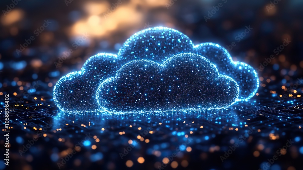 Poster cloud technology illustration showing connected dattypes forming an abstract network