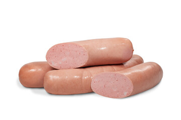 Sausages, semi-finished meat products, salads on a white background