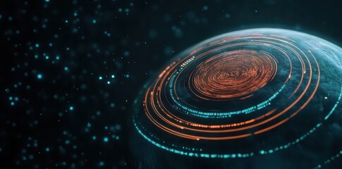 Obraz premium Holographic planet projection with vibrant colors and intricate details, showcasing a futuristic cosmic landscape.