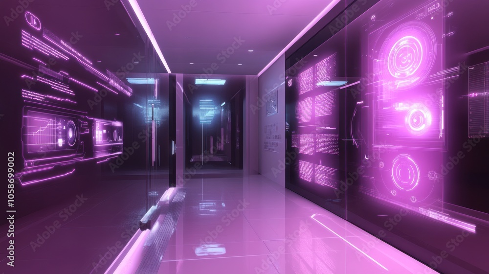 Sticker a futuristic hallway with glowing screens displaying data and information.