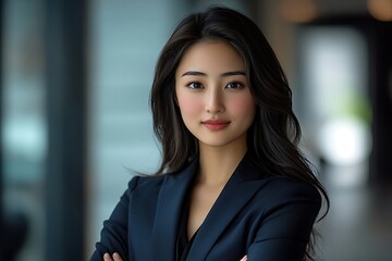 Naklejka premium Confident Businesswoman in Navy Blue Suit Headshot