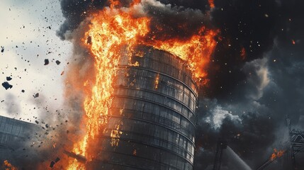 Fiery Explosion: A Tower Engulfed in Flames