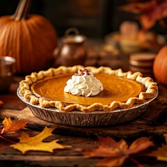 A delicious pumpkin pie topped with whipped cream, surrounded by autumn leaves and pumpkins, creating a warm, seasonal ambiance.
