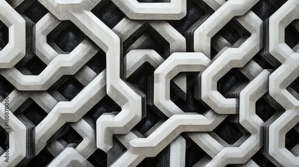 Canvas Prints an abstract, geometric pattern of interlocking white shapes against a dark background.