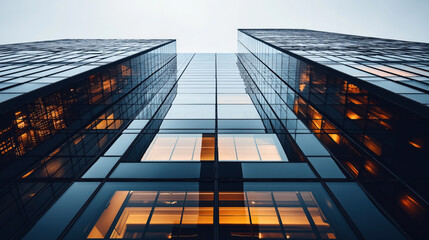 Low angle view of modern glass skyscraper with reflective windows and warm interior lighting against a clear sky, emphasizing urban architecture and design.