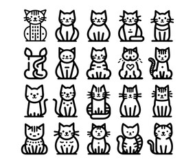Cute cat icons, simple line drawings, black and white illustrations, 20 different cat poses