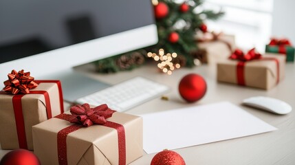 A festive workspace decorated with Christmas gifts, ornaments, and a computer, creating a cheerful holiday atmosphere.