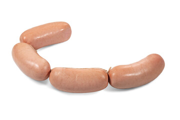Sausages, semi-finished meat products, salads on a white background