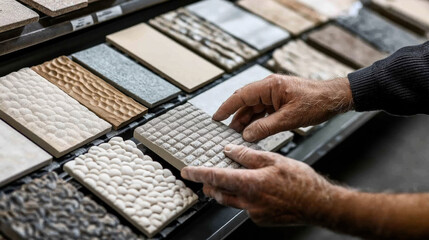 Person selecting textured ceramic tiles from a display with various colors and patterns, focusing on the tactile quality of the materials in a showroom setting.