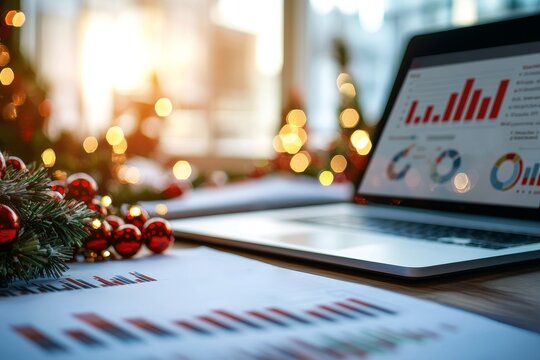 A festive workspace featuring a laptop displaying graphs, surrounded by Christmas decorations and illuminated with warm holiday lights.