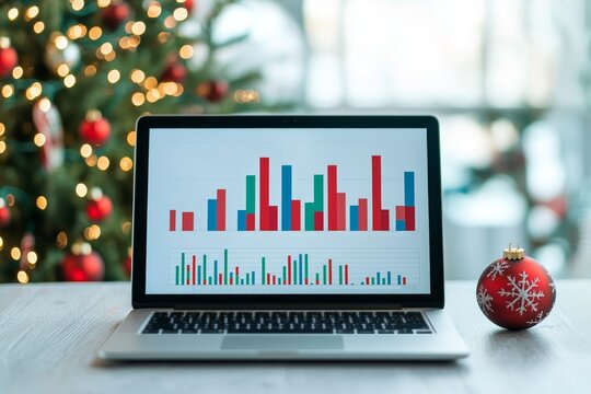 A laptop displaying colorful graphs sits on a table with a Christmas tree and ornament in the background, blending work with holiday spirit.