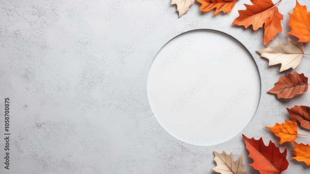 Poster a minimalistic background featuring autumn leaves around a circular cutout on a textured surface.