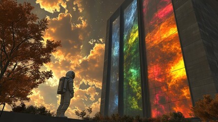 Astronaut gazing at a vibrant, colorful structure under a dramatic sky.