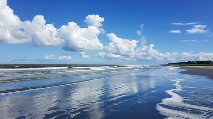 The captivating combination of a blue sky with fluffy white clouds, the vast expanse of the sea, and the vibrant green plants, enjoy the tranquility of nature.Generative AI