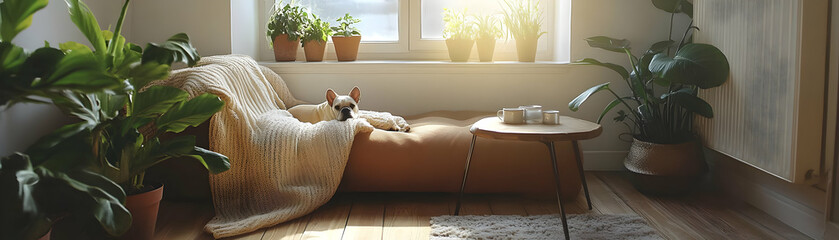 Cozy Living Room Photo - French Bulldog, Knit Blanket, Houseplants