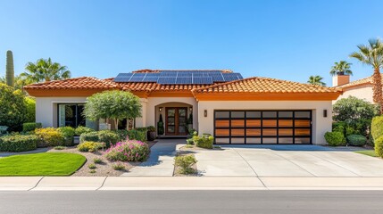 Fototapeta premium Modern Solar-Powered Home in Arizona on a Sunny Day,Concept of sustainable living, eco-friendly architecture, renewable energy, modern design, Arizona lifestyle, home ownership, garage storage.