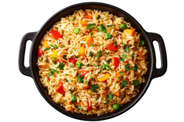 Basmati rice pilaf with mixed vegetables, PNG isolated on transparent background, white background.
