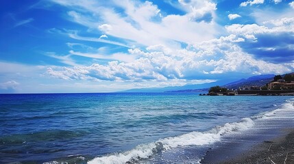 The captivating combination of a blue sky with fluffy white clouds, the vast expanse of the sea, and the vibrant green plants, enjoy the tranquility of nature.Generative AI