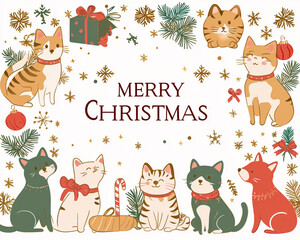 Holiday season - Merry Christmas - xmas horizontal banner with text, ornaments, wreath and cute cats, kittens 