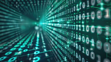 Abstract digital binary code tunnel with teal and white glowing lights