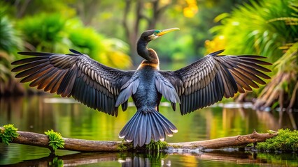 Majestic Anhinga Displaying Elegance and Power in Nature's Splendor - Aerial Photography of Wildlife in Its Natural Habitat