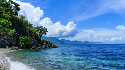 The captivating combination of a blue sky with fluffy white clouds, the vast expanse of the sea, and the vibrant green plants, enjoy the tranquility of nature.Generative AI