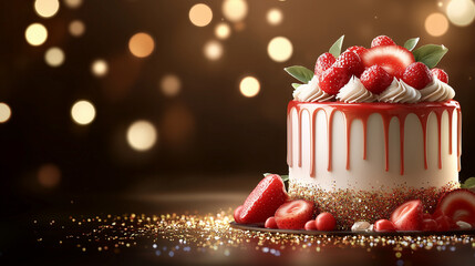 Strawberry Drip Cake with Sparkling Bokeh Background
