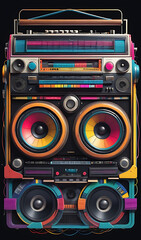 Fototapeta premium A vintage boombox with colorful, pulsating equalizer bars around it, capturing the energy and excitement of retro music culture.