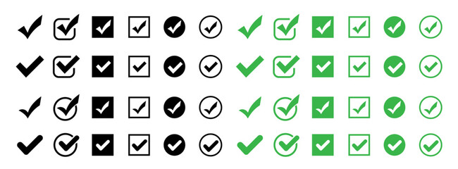 Check mark icons . Black and green check mark vector icons. Vector illustration.  Approved icon.