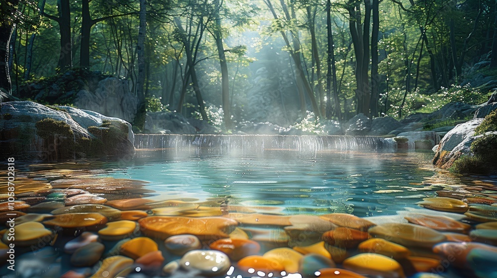 Poster A hot spring with multi-colored mineral patterns, nestled in a quiet forest setting.
