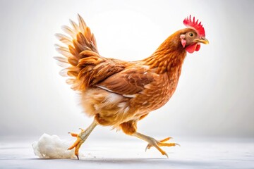 Panoramic View of a Running Chicken Hen on a White Background - Capturing the Energy and Motion of Poultry in Stunning Detail for Farm and Wildlife Photography