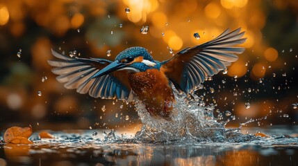 Obraz premium A kingfisher diving into water, creating splashes amidst a golden backdrop.