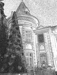 Midnight Cityscape with a Christmas Tree in a Decorated Window, Pencil drawn sketch