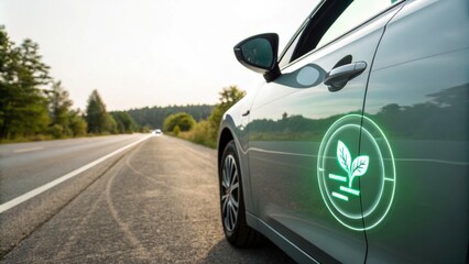 Eco-friendly car with a plant logo on the side.