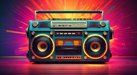 A vintage boombox with colorful, pulsating equalizer bars around it, capturing the energy and excitement of retro music culture.